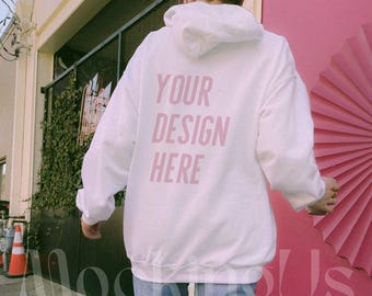 White Gildan 18500 Hoodie Mockup, Back View, Real Model, Outdoor Lifestyle, VSCO Style