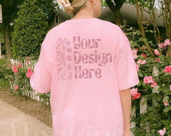 Comfort Colors 1717 Blossom Shirt Mockup: Oversized Real Model Spring Floral Lifestyle Pink Tee