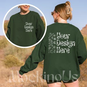 Gildan 18000 Forest Green Sweatshirt Mockup Front Back Desert Boho Lifestyle Real Model