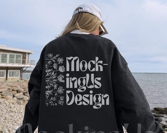 Black Gildan 18000 Back Mockup Coastal Streetwear Outdoor Lifestyle Real Model G180 Sweatshirt