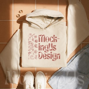 Gildan 18500 Mockup Flat Lay, Sand Hoodie Mock-up Folded, Minimalist Gildan Mocks, Front of Hooded Sweatshirt, Pullover Flatlays Trendy Boho