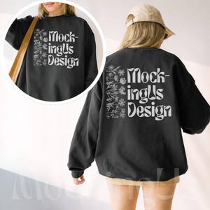 Mockup de moletom preto frente e verso, Gildan 18000 preto dupla face, mockup de moletom gola redonda dupla face, G185 Mockup moderno de modelo real