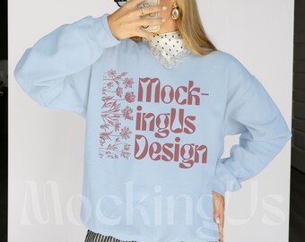 Gildan 18000 Light Blue Sweatshirt Trendy Mockup Real, Oversized Crewneck Model Mock, Cozy Lifestyle Mock-up
