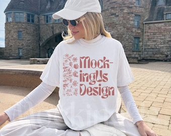 Comfort Colors 1717 White Tshirt Mockup: Real Person, Castle Background, Outdoor Lifestyle, Oversized Fit
