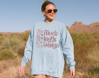 Comfort Colors 1566 Chambray Mockup Real Model | Crewneck Mock Outdoor Desert