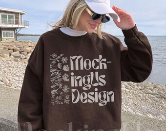 Dark Chocolate Gildan 18000 Mockup Streetwear Coastal Fisherman Real Model Brown Crewneck G180