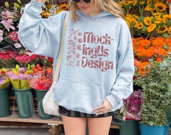 Light Blue Gildan 18500 Mockup Front NYC Flower Stand Streetwear Real Person G185 Hoodie