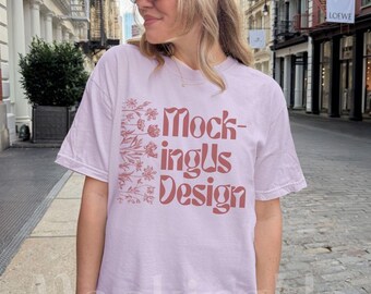 Orchid 1717 Tshirt Mockup Real Person – Comfort Colors Purple Tee, Outdoor Lifestyle, Streetwear Style