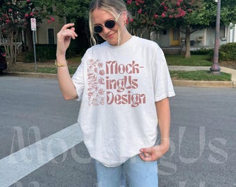 White T-Shirt Mockup, Front of Comfort Colors C1717 Mock Up, White 1717 Mock, Outdoor Mockups, Oversized Streetwear Mocks, Real Model Mocks