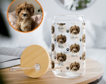 Custom Pet Sipper Glass Pattern Custom Pet Beer Can Glass with Bamboo Lid Custom Pet Glass Personalized Glass Tumbler Gift Pet Face Tumbler