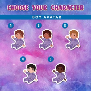 Pu&ograve; includere: Cinque avatar di ragazzi dei cartoni animati con diversi colori di capelli e tonalit&agrave; della pelle, che indossano pigiami a righe viola e bianche. Gli avatar sono numerati da 1 a 5. Lo sfondo &egrave; una galassia acquerellata viola e rosa.