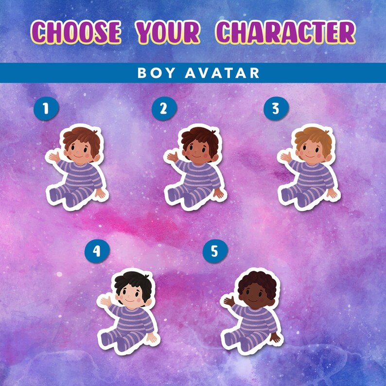 Pu&ograve; includere: Cinque avatar di ragazzi dei cartoni animati con diversi colori di capelli e tonalit&agrave; della pelle, che indossano pigiami a righe viola e bianche. Gli avatar sono numerati da 1 a 5. Lo sfondo &egrave; una galassia acquerellata viola e rosa.