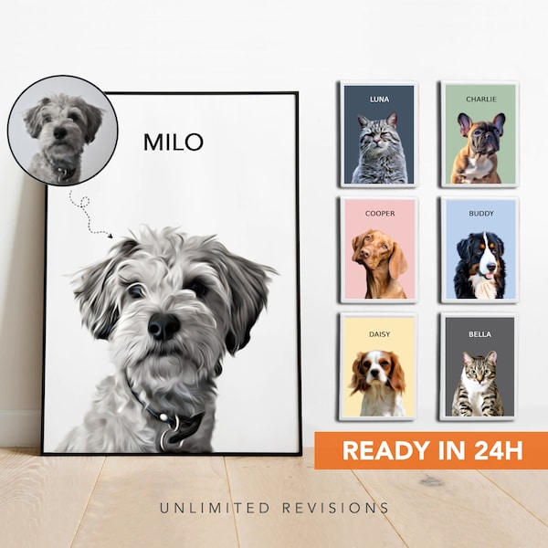 Retrato de mascota personalizado de la foto Retrato de gato personalizado Retrato de perro personalizado Regalo de recuerdo de mascota Dibujo de perro personalizado Pinturas de perros personalizadas