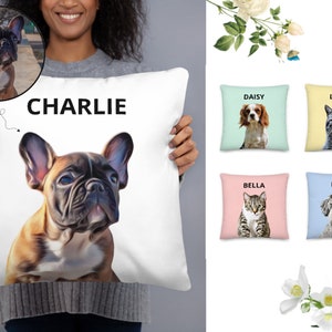 May include: A white pillow with a cartoon image of a French bulldog and the name "CHARLIE" printed on it.  There are five other pillows in the background with different cartoon images of dogs and cats and their names printed on them.