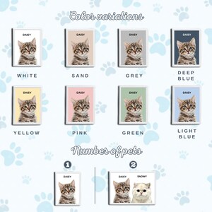 May include: A digital illustration showing different color variations of a pet portrait. The portrait features a cat named Daisy. The colors include white, sand, grey, deep blue, yellow, pink, green, and light blue. The illustration also shows two different options for the number of pets in the portrait, one with one pet and one with two pets. The two-pet option shows a cat named Daisy and a cat named Snowy.