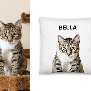Puede incluir: Una almohada blanca con una ilustraci&oacute;n de un gato atigrado y el nombre "BELLA" impreso en texto negro.