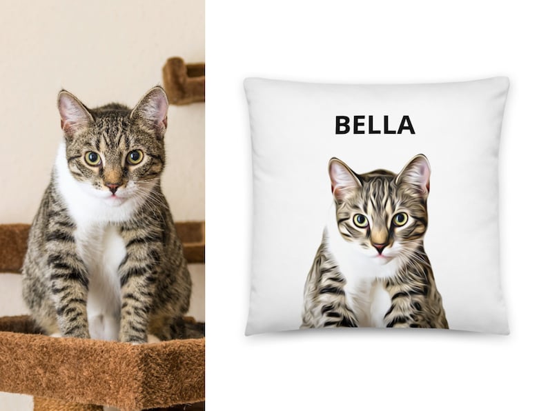 Puede incluir: Una almohada blanca con una ilustraci&oacute;n de un gato atigrado y el nombre "BELLA" impreso en texto negro.