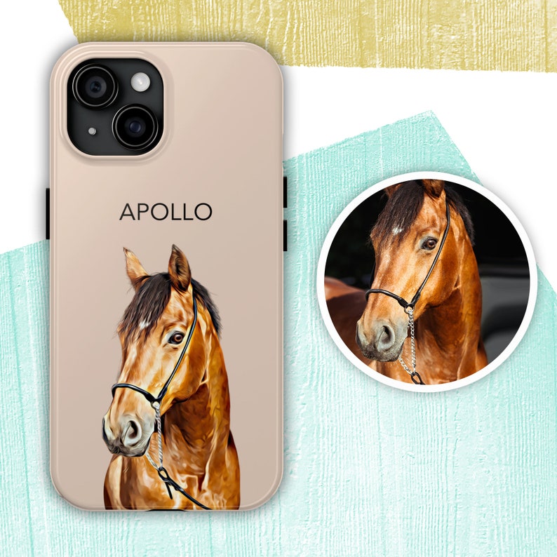 May include: A beige phone case featuring an illustration of a brown horse and the word "APOLLO" printed on it.