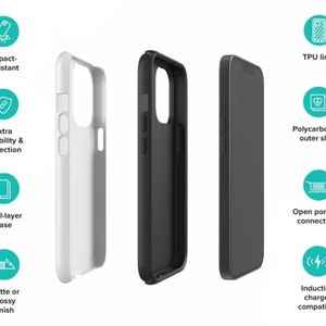 May include: A dual-layer phone case with a white polycarbonate outer shell and a black TPU liner. The case has open ports for connectivity and is compatible with wireless charging. It offers impact resistance and extra durability and protection.
