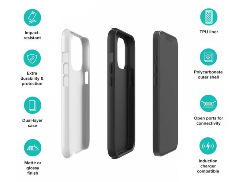 May include: A dual-layer phone case with a white polycarbonate outer shell and a black TPU liner. The case has open ports for connectivity and is compatible with wireless charging. It offers impact resistance and extra durability and protection.