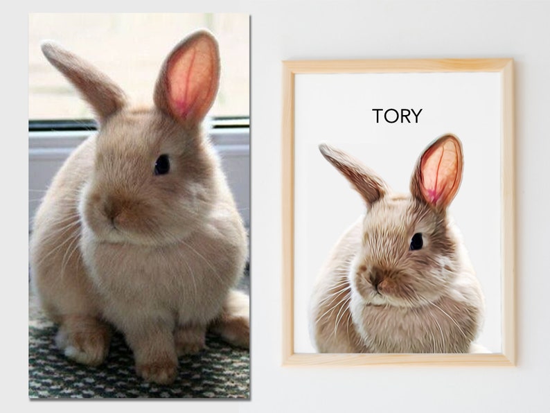 May include: A framed print of a brown rabbit with pink ears. The print has the name "TORY" written in black text at the top.