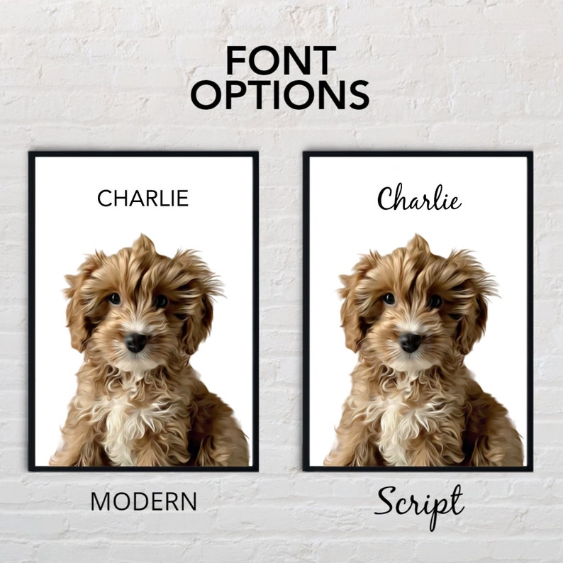 May include: Two images of a brown and white dog with the name Charlie written above the dog. The image on the left has the word "MODERN" written below the dog. The image on the right has the word "Script" written below the dog.
