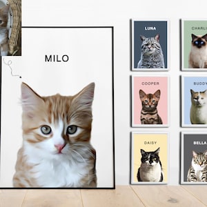 May include: A digital illustration of a cat named Milo. The illustration is in a white frame with a black border. The cat is orange and white with green eyes. The cat is looking directly at the viewer. The illustration is on a light wood surface. There are other framed illustrations of cats in the background.