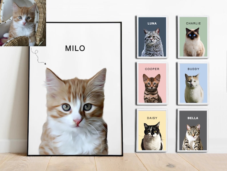 May include: A digital illustration of a cat named Milo. The illustration is in a white frame with a black border. The cat is orange and white with green eyes. The cat is looking directly at the viewer. The illustration is on a light wood surface. There are other framed illustrations of cats in the background.