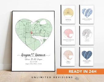 May include: A custom map print with a green heart-shaped outline of a city. The text "bryan bianca" is written in cursive script with a heart symbol between the names. The text "Where It All Began" is written below the names, followed by the date "April 27, 2016" and the location "Niagara Falls, Ontario, Canada".