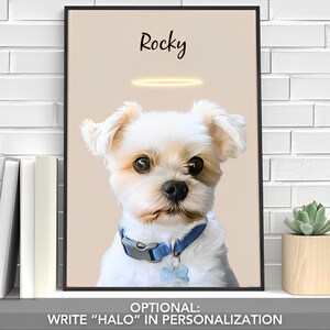 May include: A digital painting of a white dog with a blue collar and a bone tag. The dog has a halo above its head and the name "Rocky" is written above the halo.