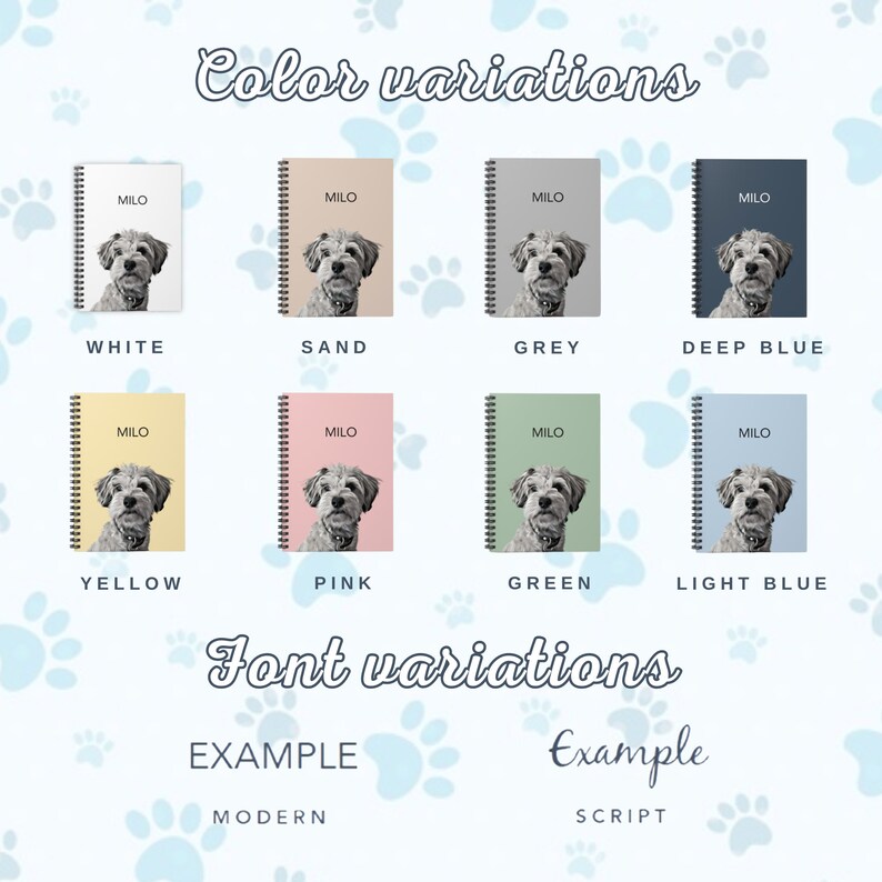 May include: Eight spiral-bound notebooks featuring a black and white dog portrait and the name MILO. Colors include white, sand, grey, deep blue, yellow, pink, green, and light blue. Below, two font style examples are labeled as MODERN and SCRIPT.