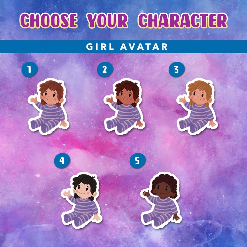 Pu&ograve; includere: Cinque avatar di ragazze dei cartoni animati con diversi colori di capelli e tonalit&agrave; della pelle. Ogni avatar indossa una maglietta da pigiama a righe bianche e viola e pantaloni blu. Gli avatar sono numerati da 1 a 5.