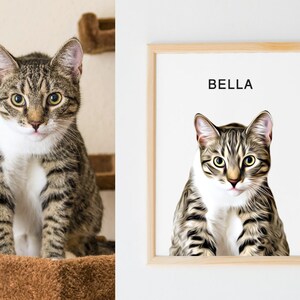 May include: A framed print of a tabby cat with green eyes. The cat is sitting and looking directly at the camera. The frame is light wood and the print has the name "BELLA" at the top.