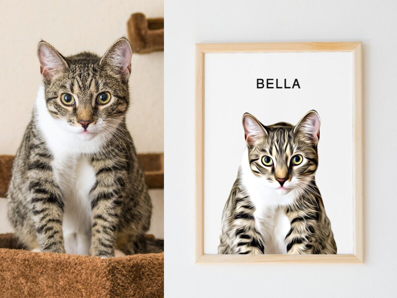 May include: A framed print of a tabby cat with green eyes. The cat is sitting and looking directly at the camera. The frame is light wood and the print has the name "BELLA" at the top.