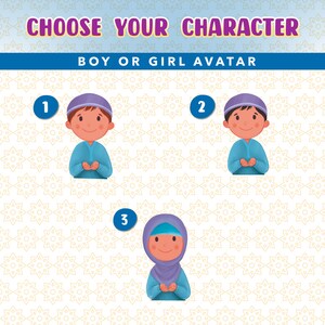 May include: Choose your character, boy or girl avatar. Three cartoon characters are shown, numbered 1, 2, and 3. Character 1 is a boy wearing a blue shirt and a purple cap. Character 2 is a boy wearing a blue shirt and a purple cap. Character 3 is a girl wearing a blue hijab and a purple headscarf.