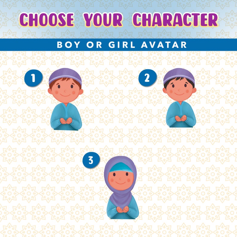 May include: Choose your character, boy or girl avatar. Three cartoon characters are shown, numbered 1, 2, and 3. Character 1 is a boy wearing a blue shirt and a purple cap. Character 2 is a boy wearing a blue shirt and a purple cap. Character 3 is a girl wearing a blue hijab and a purple headscarf.