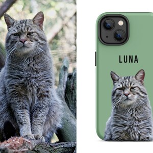 May include: A gray and brown tabby cat perched on a tree branch, with a matching phone case featuring the cat's portrait and the name "LUNA" in black letters on a green background. The cat has a serious expression.
