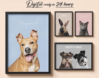 Custom Pet Portrait Digital Pet Painting Personalized Dog Memorial Gift Custom Cat Drawing Pet Lover Wall Art Printable Animal Portrait