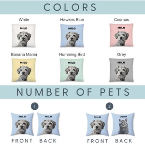 Puede incluir: Una maqueta de almohadas para mascotas personalizadas con diferentes opciones de color y el n&uacute;mero de mascotas que aparecen. Los colores de las almohadas incluyen blanco, azul Hawkes, cosmos, man&iacute;a de la banana, colibr&iacute; y gris. Las almohadas presentan un perro y un gato con los nombres Milo y Luna.