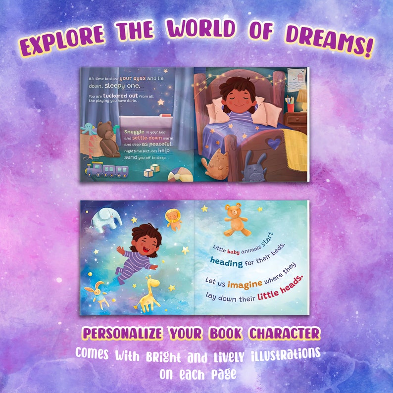 Pu&ograve; includere: Un libro per bambini personalizzato con illustrazioni di un bambino che si prepara per andare a letto. Il libro presenta un design colorato con stelle e uno sfondo di cielo notturno. Il testo sulla pagina dice "Esplora il mondo dei sogni!" e "&Egrave; ora di chiudere gli occhi e andare a letto, piccolo dormiglione."
