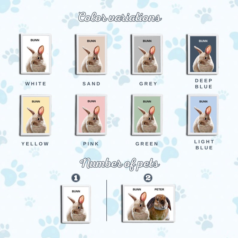 May include: A digital illustration of a rabbit with the name "Bunn" on a white background. The image is shown in 10 different color variations, including white, sand, grey, deep blue, yellow, pink, green, light blue, and two options with two rabbits. The text "Number of pets" is also included.