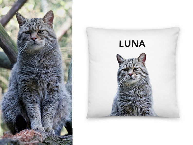 Puede incluir: Una almohada blanca con una imagen de un gato gris y la palabra "LUNA" impresa en negro.