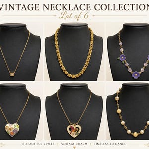 May include: A collection of six necklaces labelled VINTAGE NECKLACE COLLECTION Lot of 6. The set includes a gold chain with a square pendant, a thick gold chain, a floral necklace, a heart pendant with flowers, a heart pendant with a bird, and a pearl necklace.