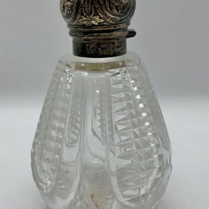 Art Noveau Antique Perfume Bottle Silver Lid And Cut Glass Crystal Scent Bottle