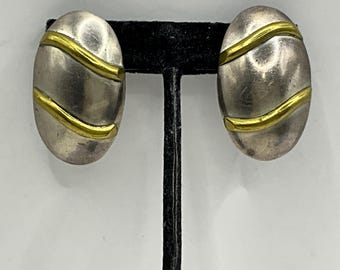 SSS64 Vintage Taxco Sterling Silver & Gold-Tone Modernist Oval Earrings
