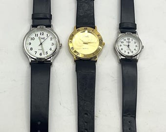 Set von 3 Vintage TIME Quarz Armbanduhren - Gemischt silber- und goldfarben - Schwarze Lederriemen