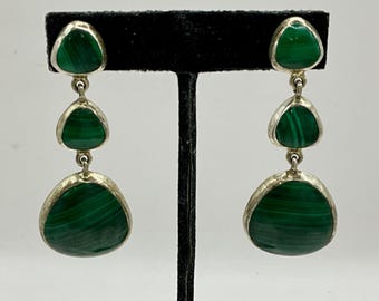 Boucles d'oreilles pendantes vintage en argent sterling et malachite SSS113