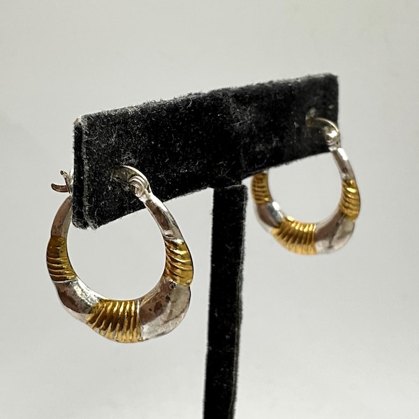 DP03 Vintage Sterling Silver & Gold Vermeil Hoop Earrings Two Tone Ribbed Designer Style
