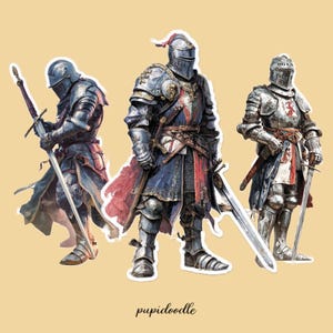 Könnte beinhalten: Drei Aufkleber-Designs mit mittelalterlichen Rittern in voller Rüstung, die jeweils ein Schwert halten. Die Ritter sind in Silber-, Blau- und Rottönen dargestellt, mit komplizierten Details auf ihren Helmen und Rüstungen. Der Hintergrund ist hellbeige, und der Text "pupidoodle" steht unten.