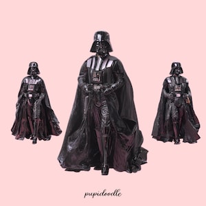 Könnte beinhalten: Drei schwarze Darth Vader Figuren auf rosa Hintergrund. Die mittlere Figur ist die größte, mit zwei kleineren Figuren zu beiden Seiten. Die Figuren sind detailliert mit Umhängen und Helmen. Das Wort "pupidoodle" ist unten in Kursivschrift geschrieben.
